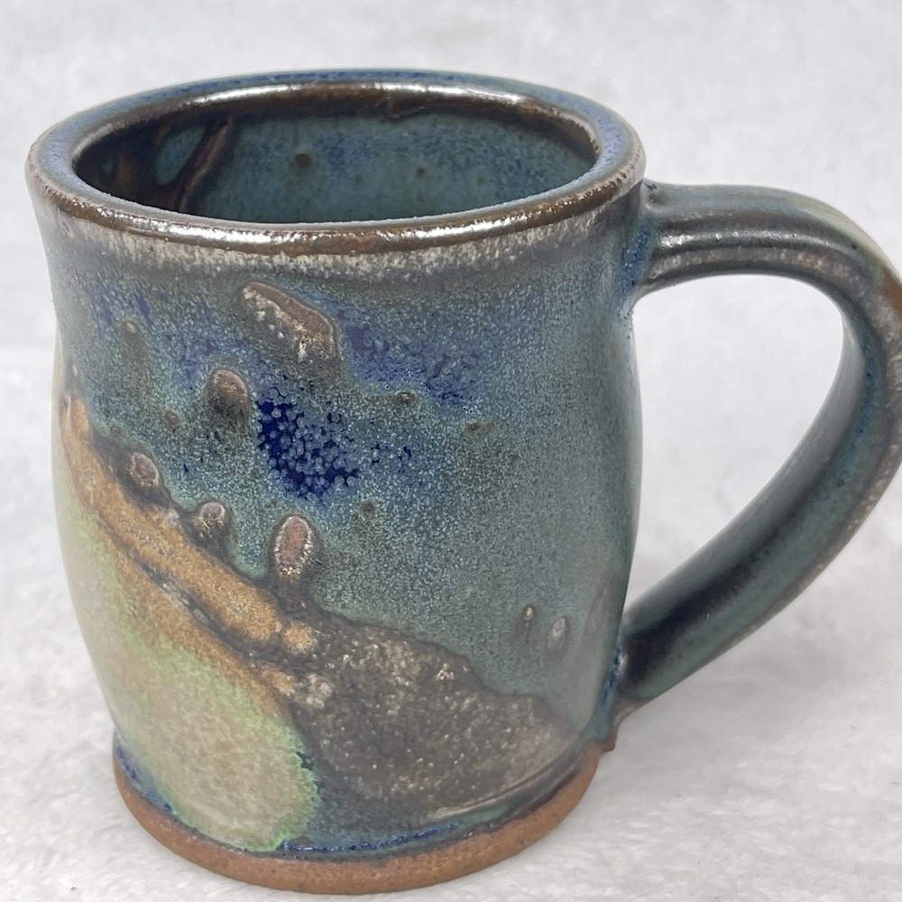 Handmade Studio Pottery Mug Signed KW Blue Green Earthy Glaze 4" Signed KW